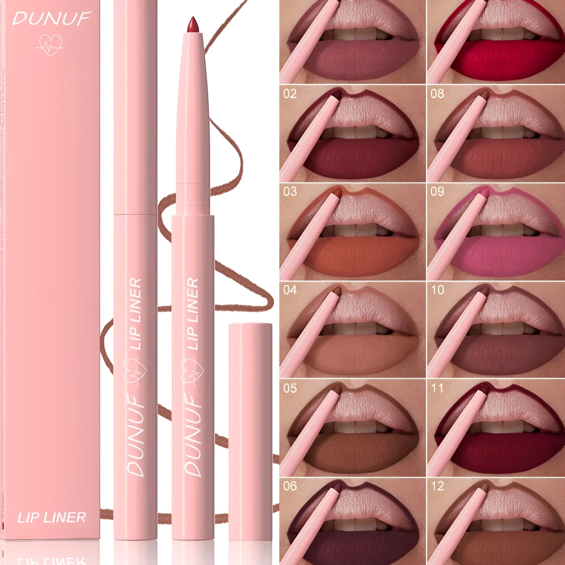 Matte velvet lip liner pencil in 12 colours for precise lip definition