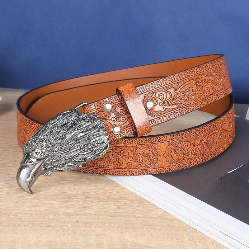 Men's belt with cow head alloy buckle in imitation leather with pin buckle fastening