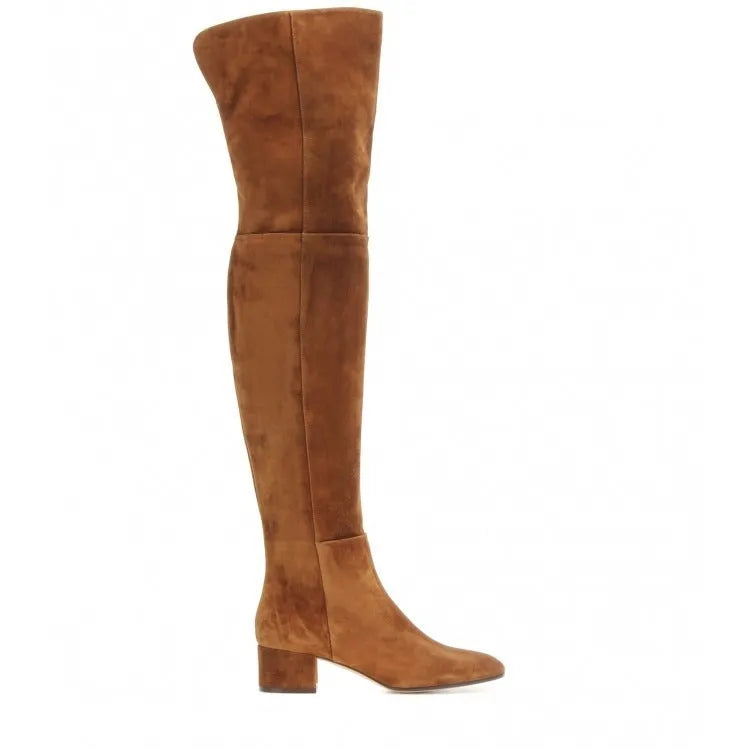 Women's grey suede over-the-knee flat boots with a pointed toe and thick low heel.