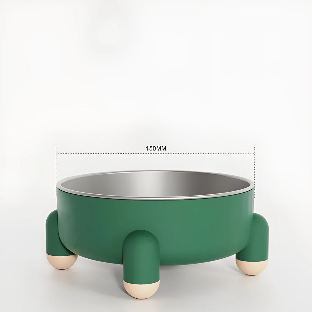 Green stainless steel pet bowl with a non-slip base and raised high foot for dogs and cats.