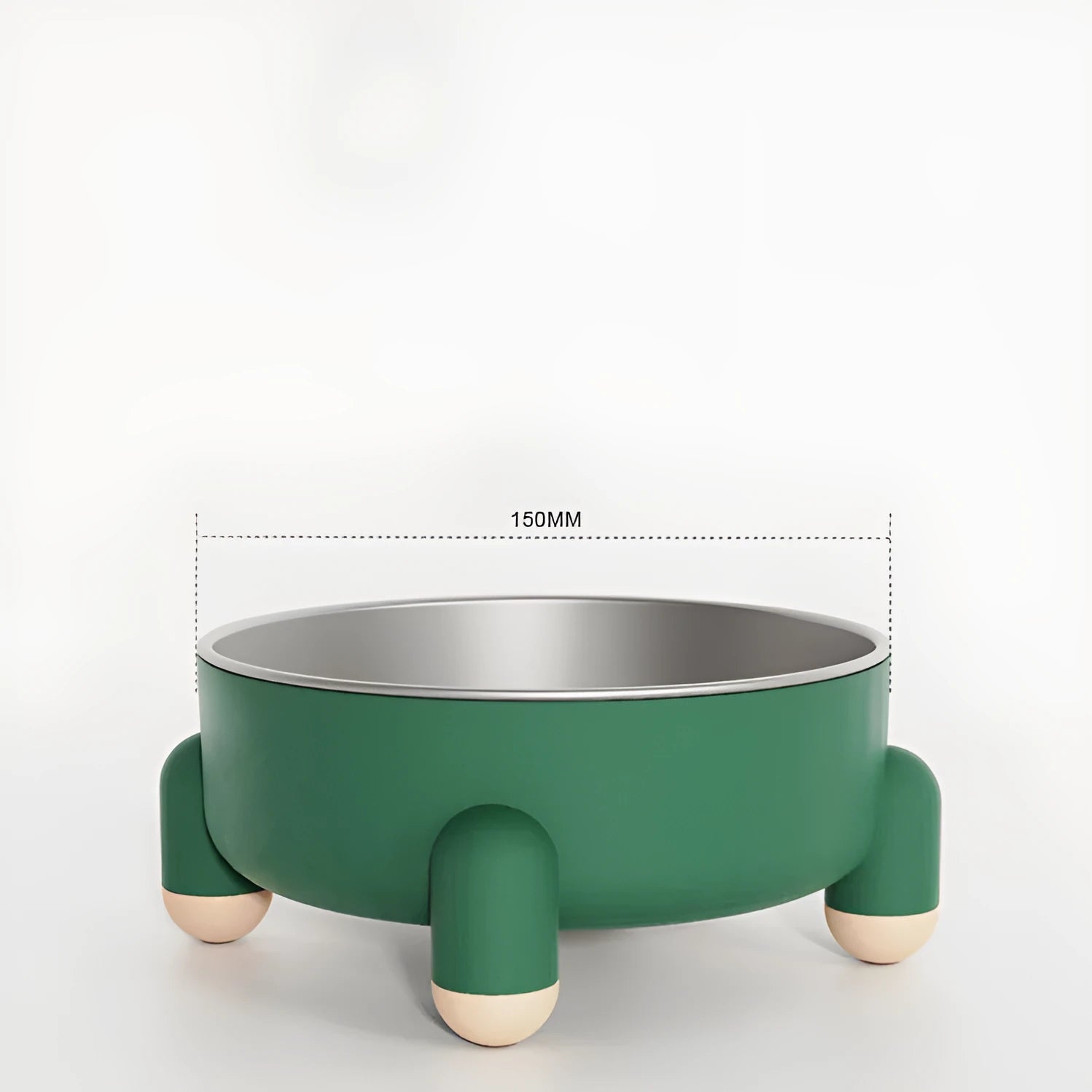 Green stainless steel pet bowl with a non-slip base and raised high foot for dogs and cats.
