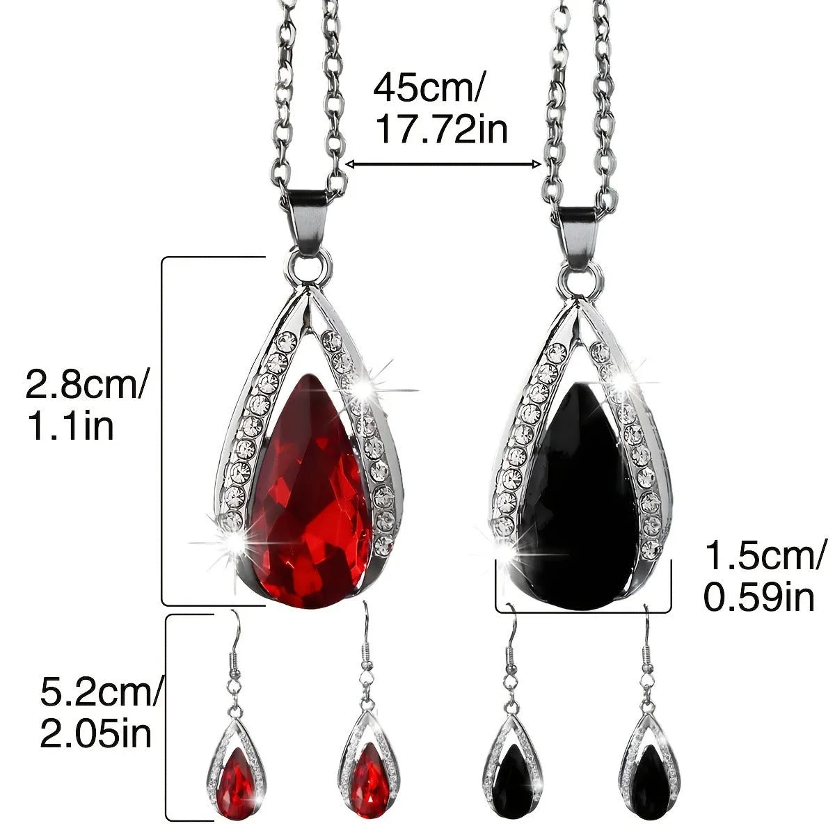 Black and red teardrop glass pendant necklace and earrings jewellery set