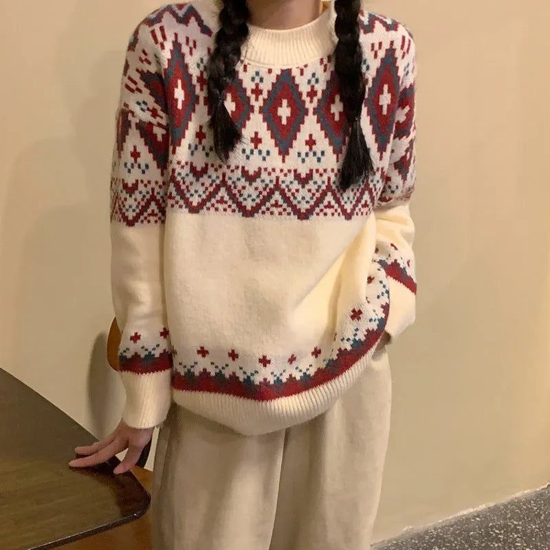 Retro striped pullover knitted top with long sleeves in loose straight cut design