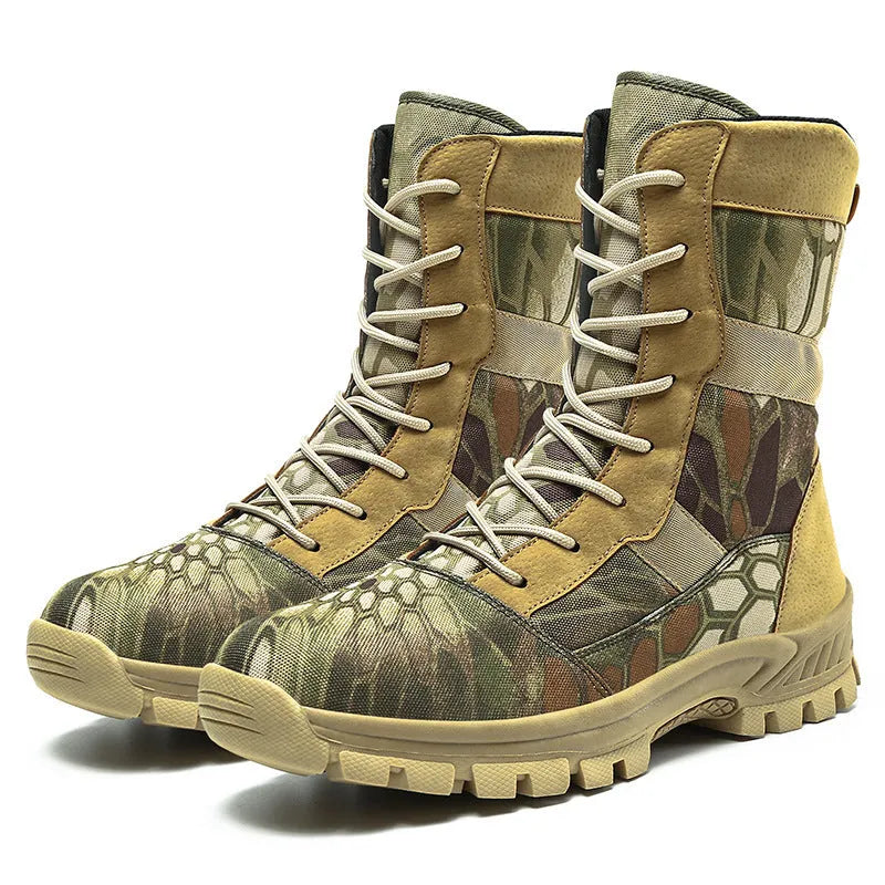 Men's black high-top combat boots with mesh upper and totem pattern detailing