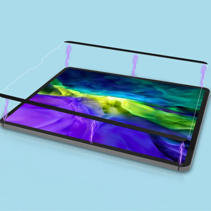 Magnetic detachable screen protector film for iPad tablets on a white background