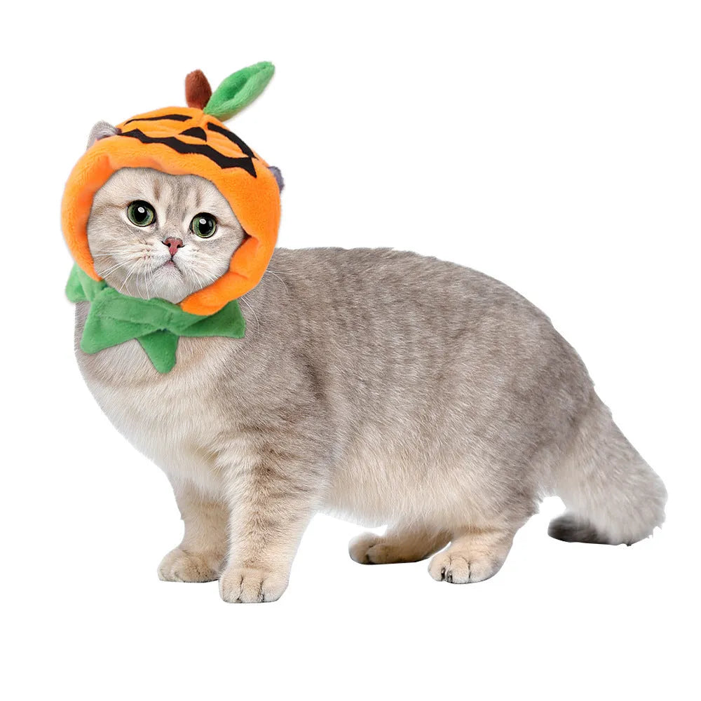 Orange plush Halloween cloak for dog with detachable hood, shown with size options