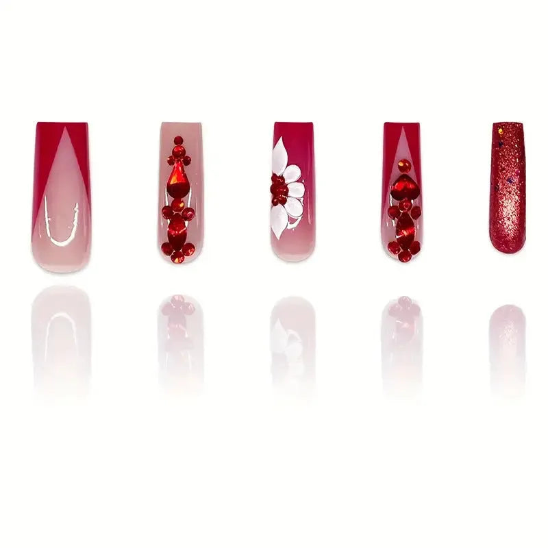 Sweet Flowers pattern removable false nails with red diamond accents in Long European Square shape.