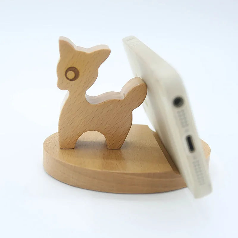 Resin mobile phone holder with beech wood animal design and coin storage compartment