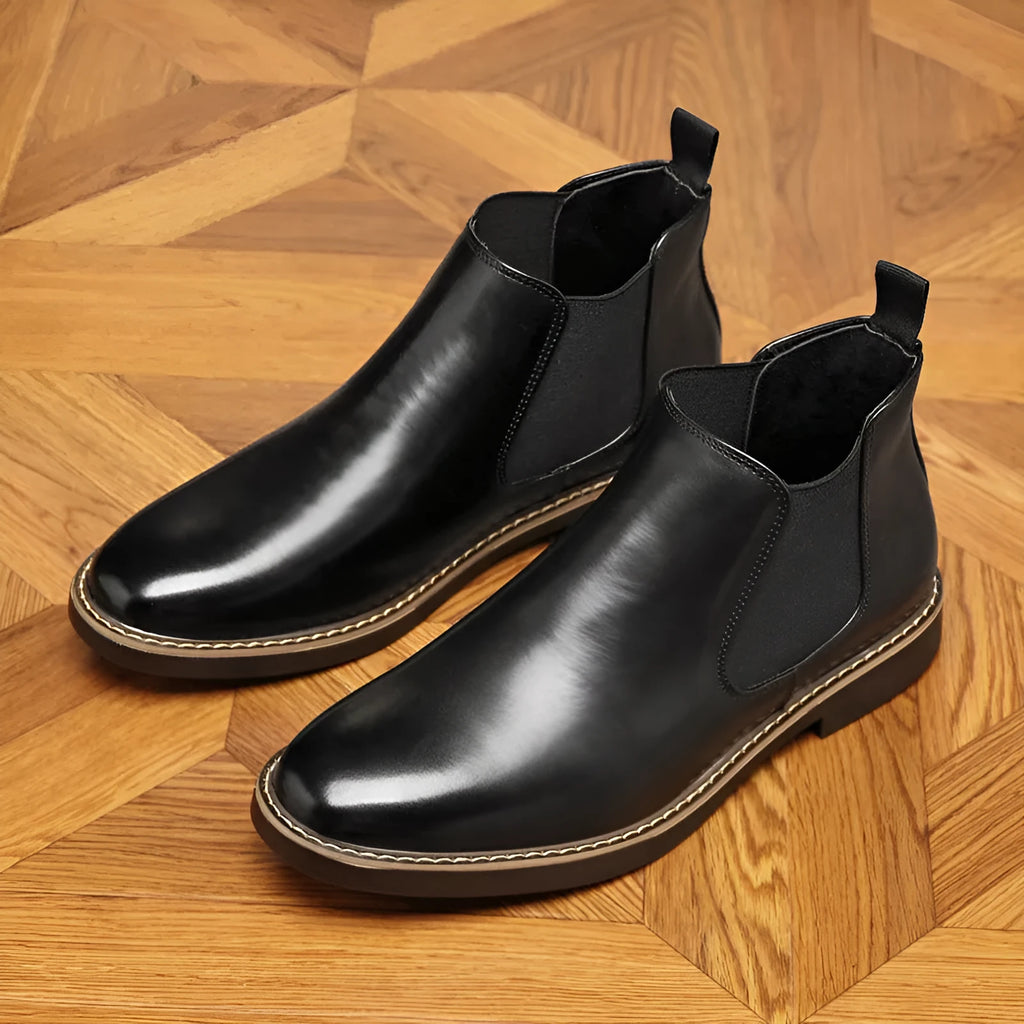 Men's black formal pointed-toe leather boots with square heel on rubber sole