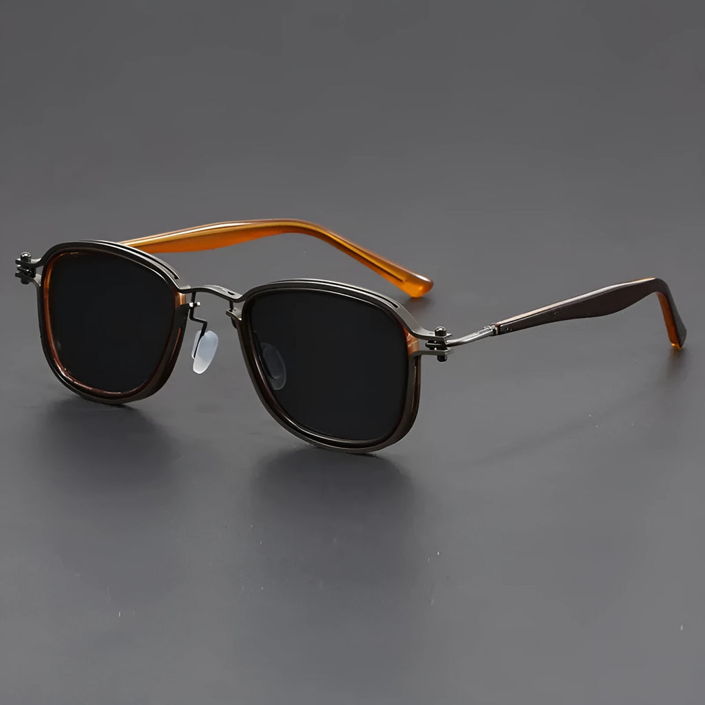 Retro square frame sunglasses in plastic and metal with AC lenses shown in a choice of six colours.