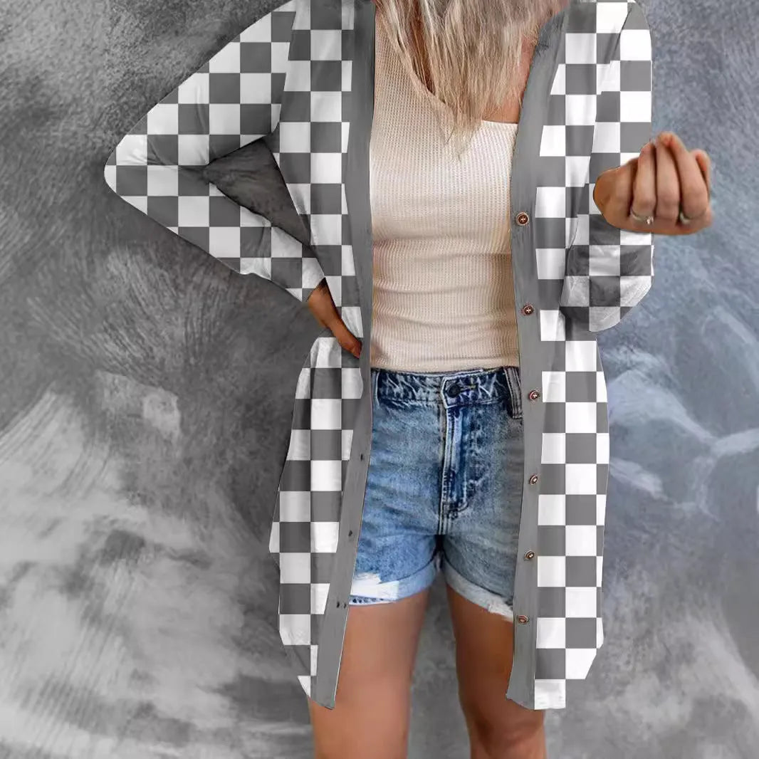 Women's long loose knitted cardigan coat with plaid contrast color pattern in street fashion style