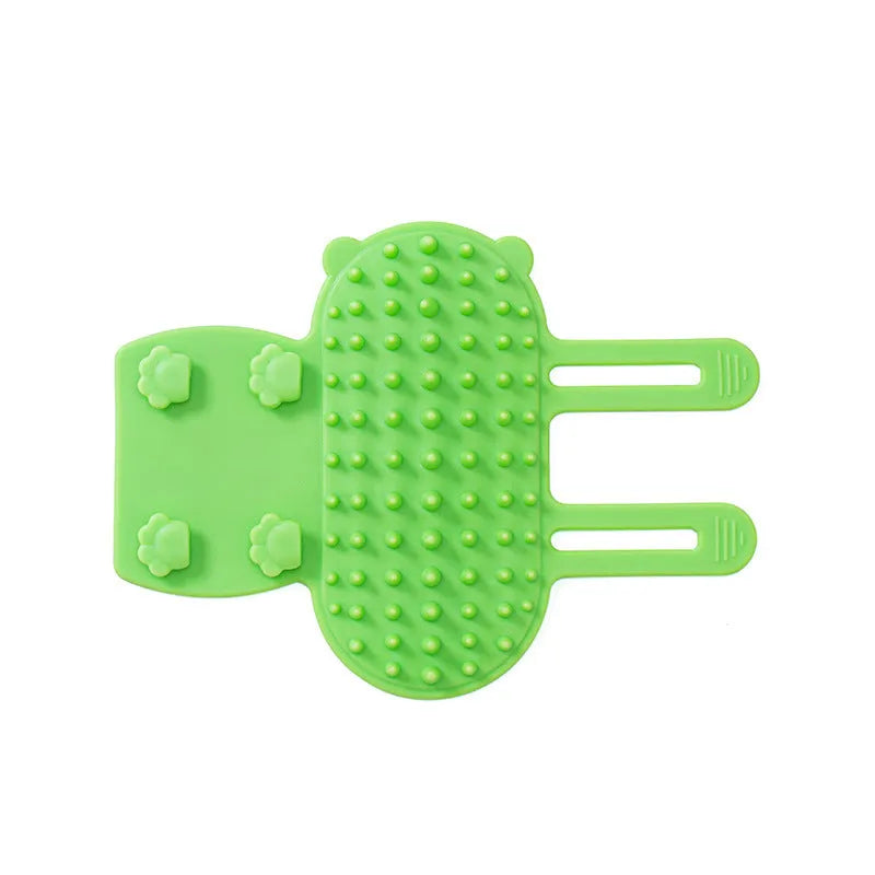 Silicone cat grooming comb with rounded teeth and adjustable strap in multiple colours