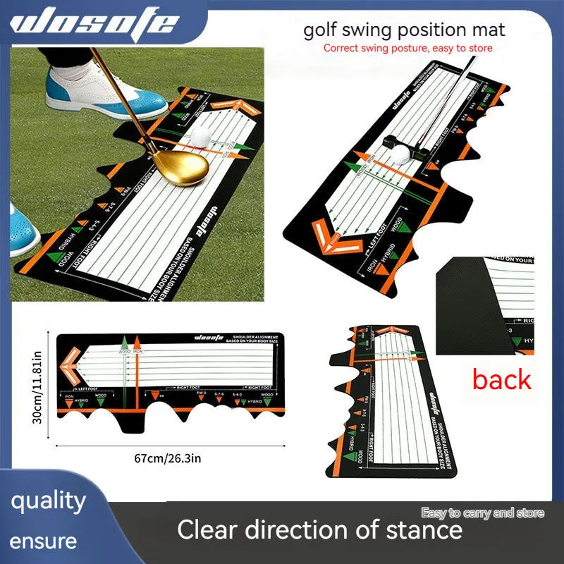 Black neoprene golf swing posture correction mat with directional alignment markings