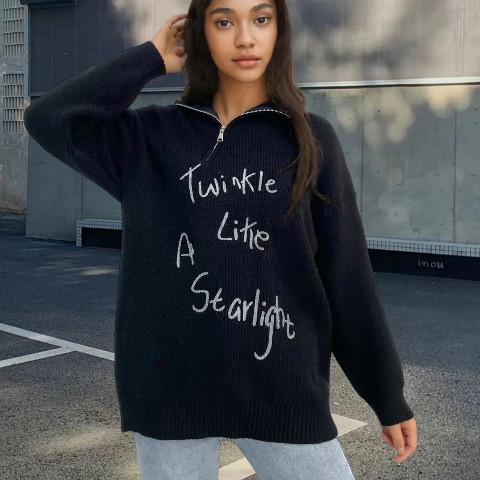 Women's alpaca fleece pullover sweater with an oblique chest zipper and retro turtleneck.