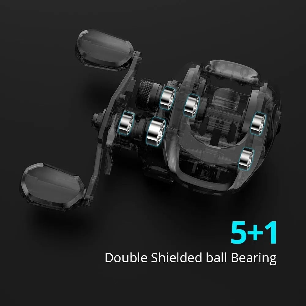 Drip wheel fishing reel with lure rod and a choice of left or right-hand wheel, shown with included fishing vessel.