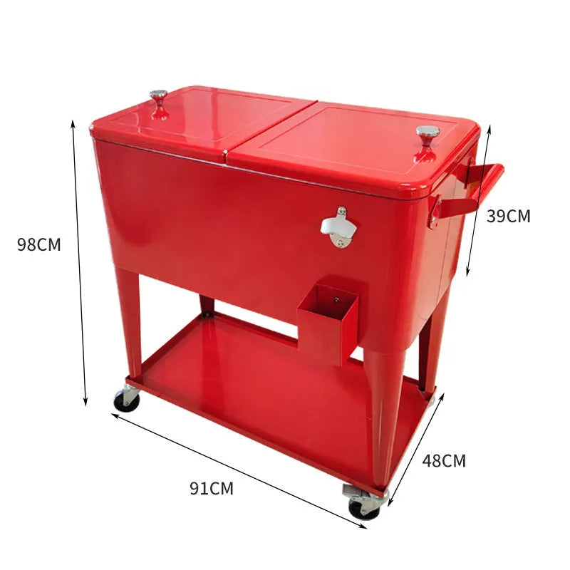 Red outdoor metal insulated cart with wheels, shown as a portable cooler or ice bucket.