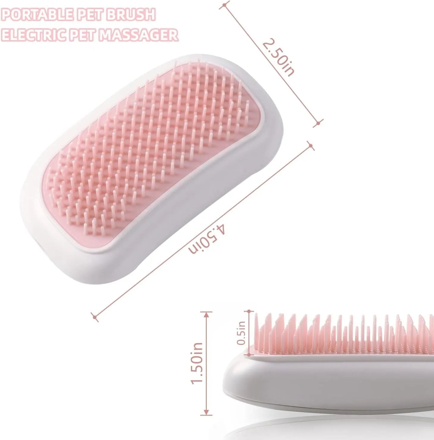 Handheld pink and white electric pet massage brush for cats and dogs on a table.