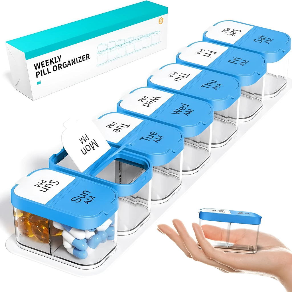 Portable pill box dispenser with 14 removable compartments showing white and rainbow colour options