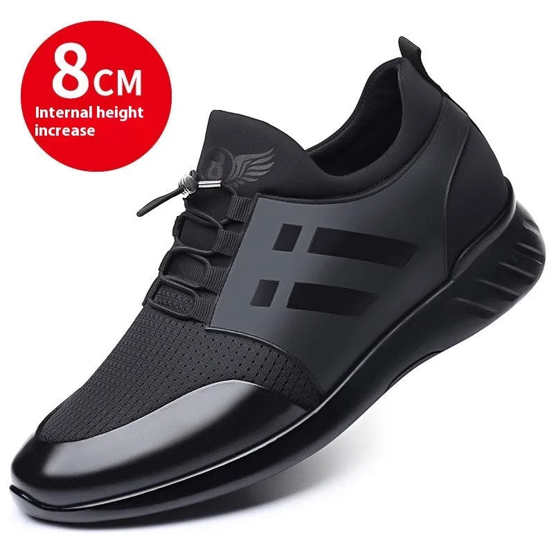 Men's black casual height increasing shoes with a chunky heel, round toe, and genuine leather upper.