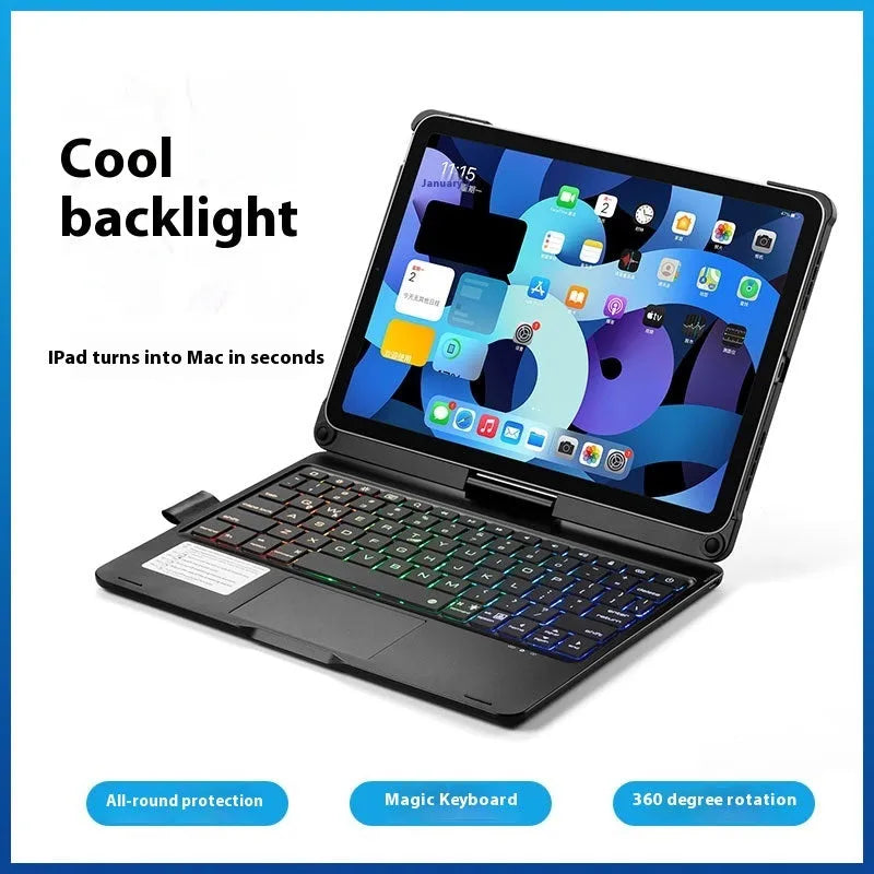Miaocontrol silver rotating Bluetooth keyboard attached to an Apple iPad Pro tablet showing 360-degree hinge.