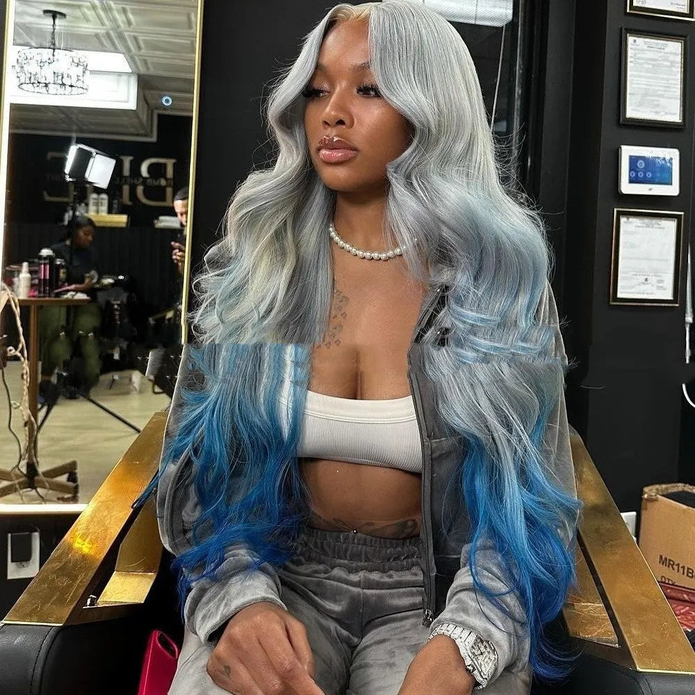 Grey blue gradient colour human hair lace front wig in Rui Li style on a mannequin head