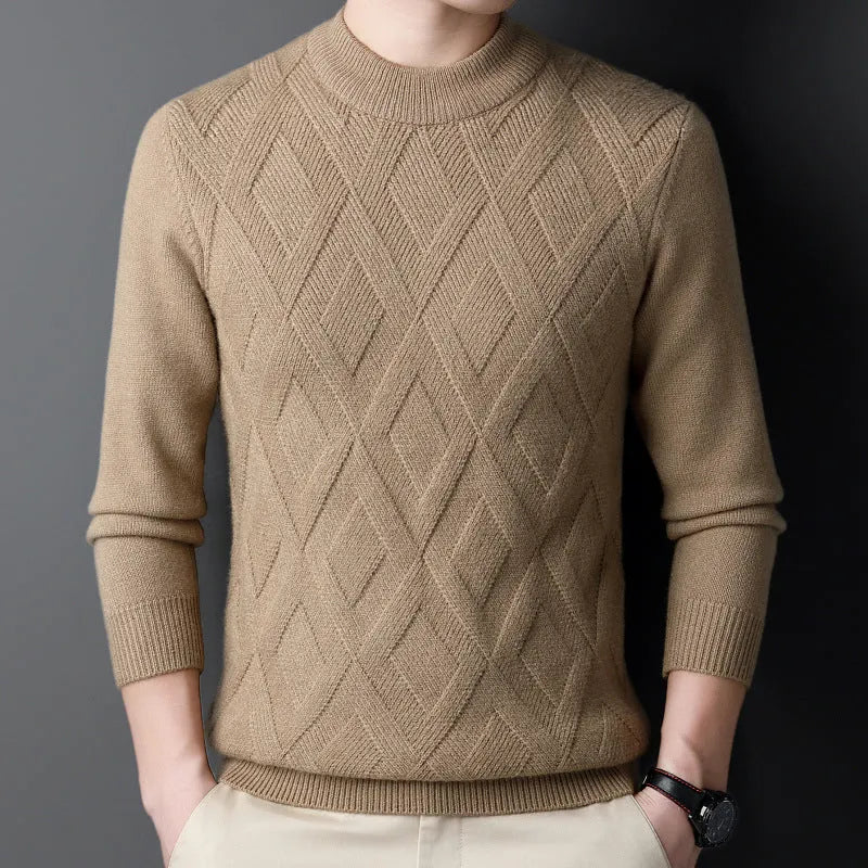 Men's thick winter sweater in diamond jacquard pattern, shown in light camel colour