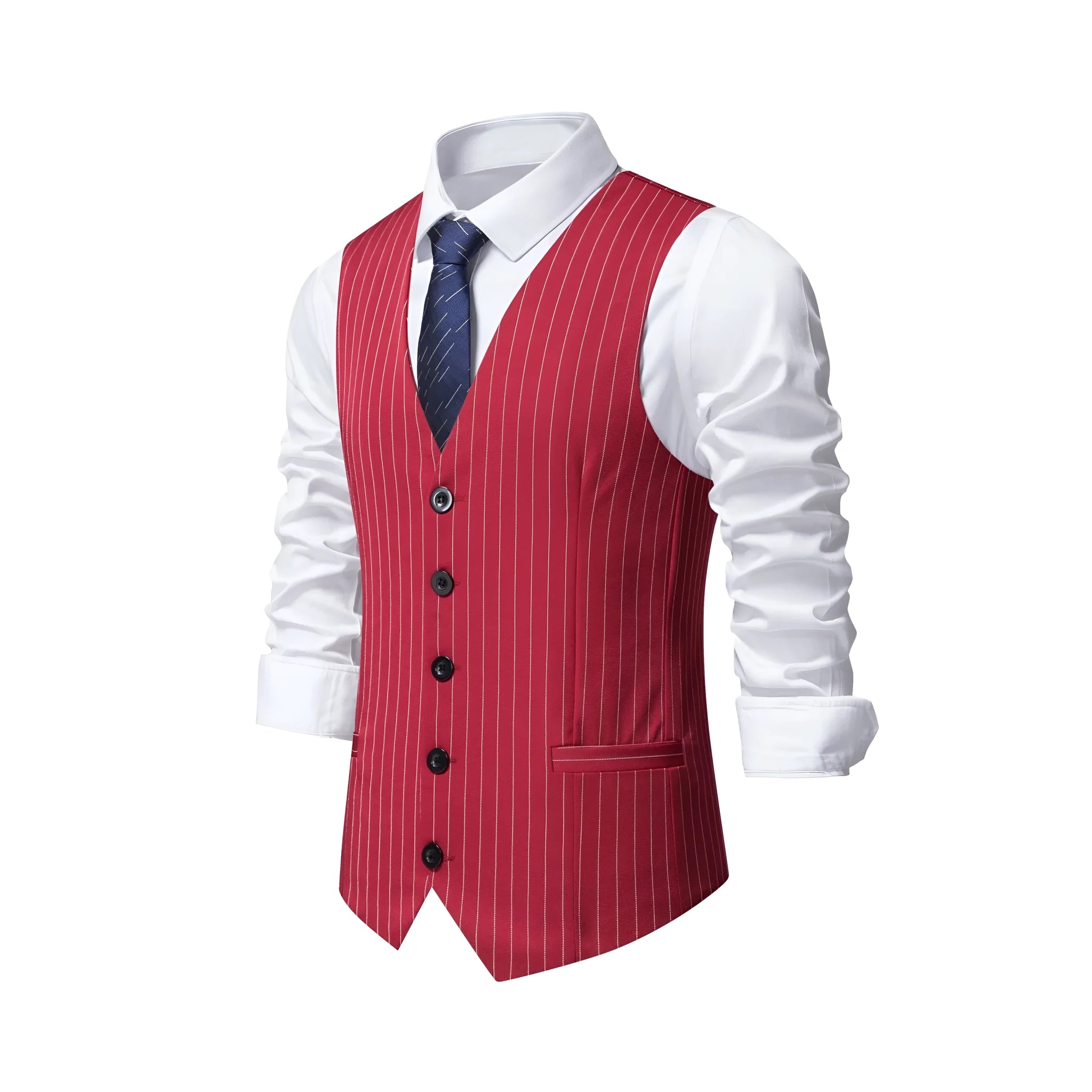 Men's striped formal vest with miter hem and embedded-line pockets in polyester