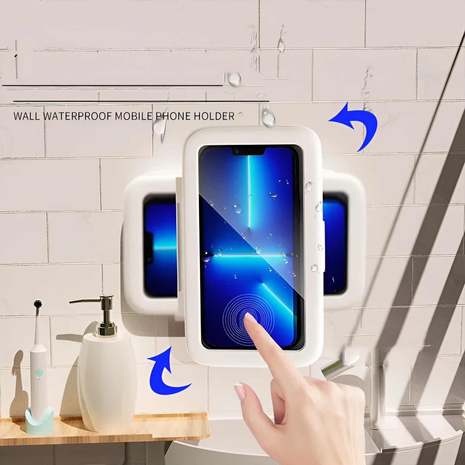 White waterproof phone holder mounted on bathroom tile with phone inside showing touch screen access