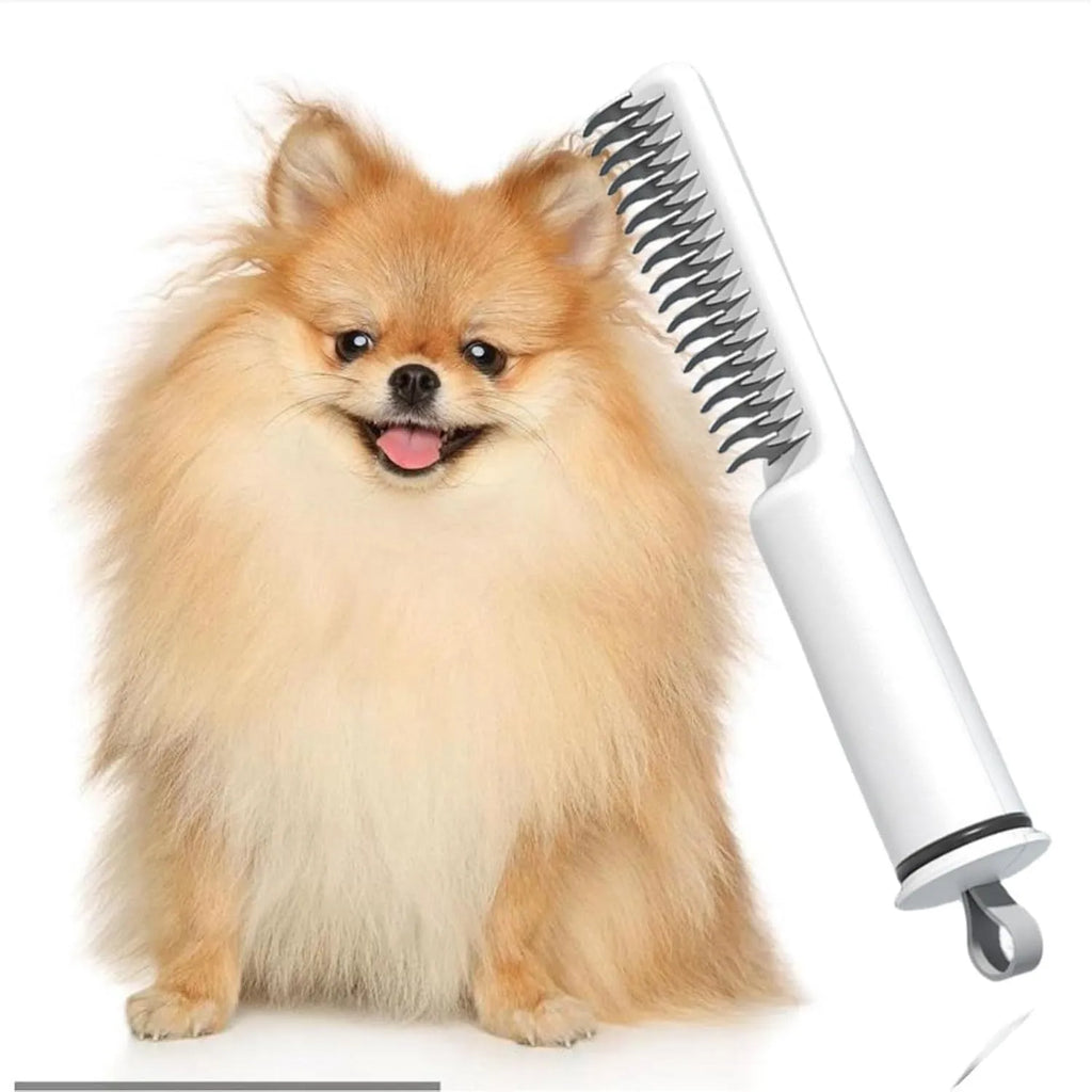 Stainless steel dematting comb for dogs with rake teeth and coloured handle.