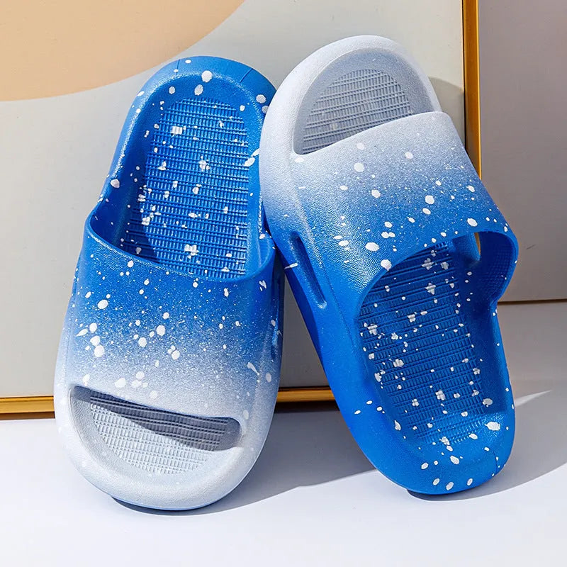 Gradient blue children's PVC slipper sandals on a white background, showing the non-slip sole.