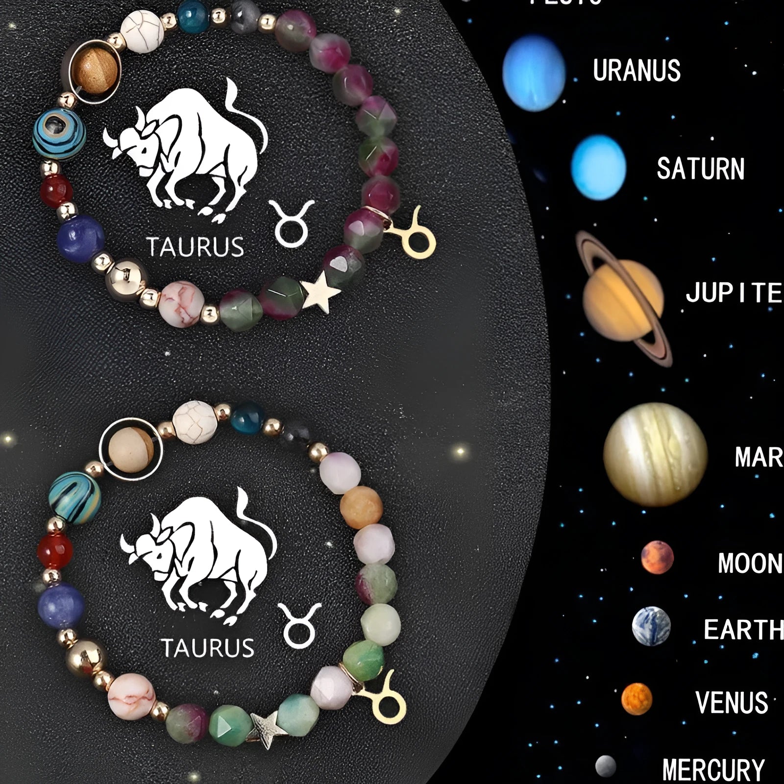 Natural stone beaded bracelets with zodiac symbols on stretchy elastic cord, showing two bracelets in set.