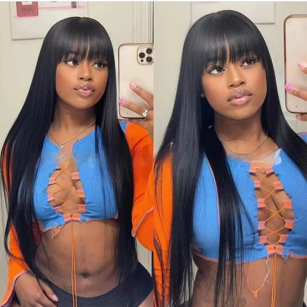 Natural colour women's human hair wig with full-mechanism headgear on display, showing length options.