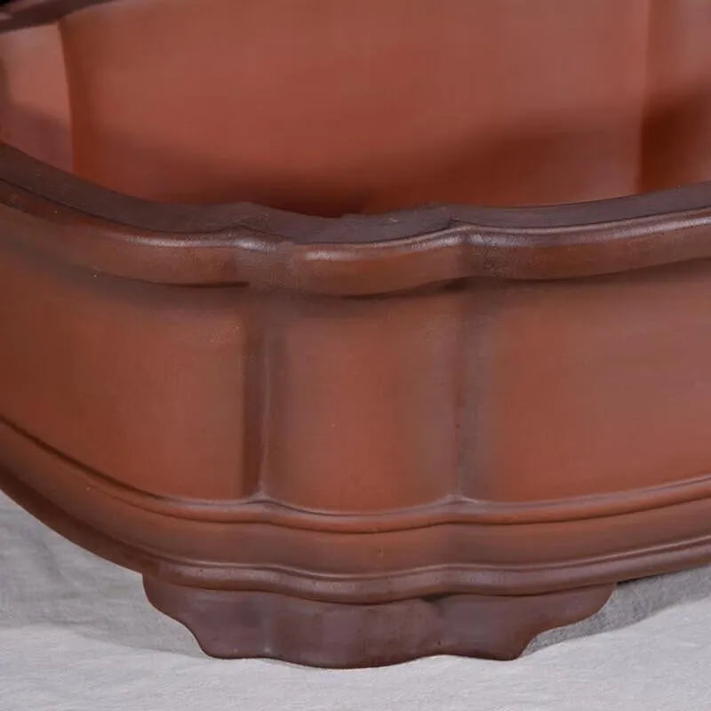 Large antique-coloured Chinese style purple clay flower pot showing dimensions.