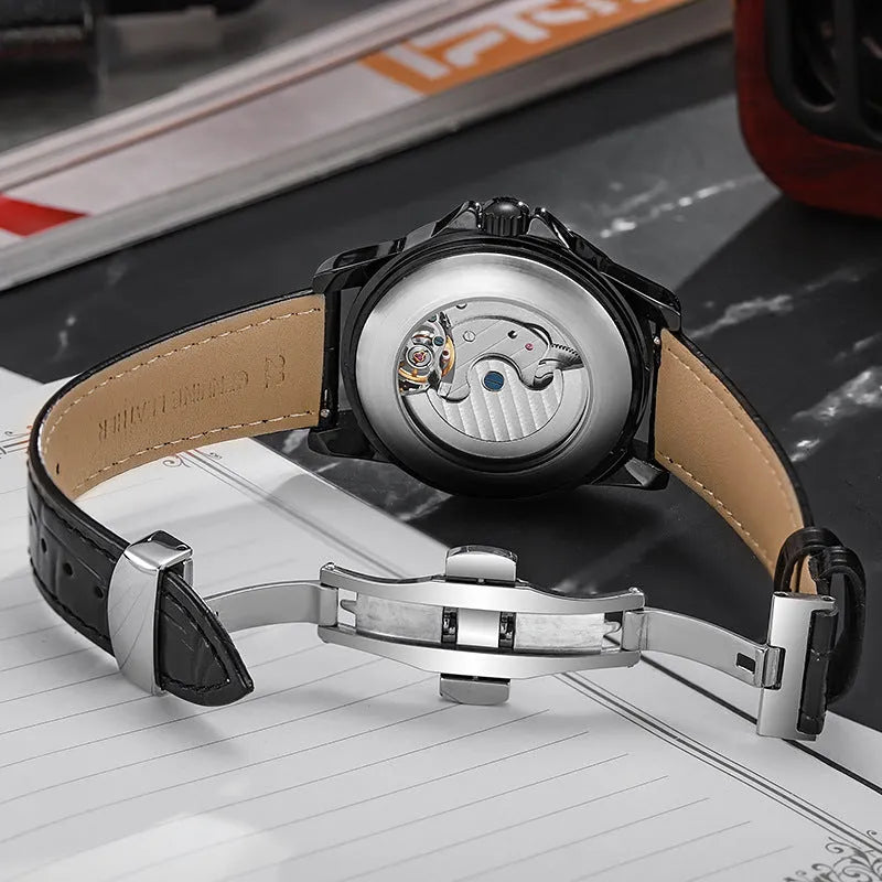 Men's automatic business watch with luminous dial and choice of steel or leather strap in black or white