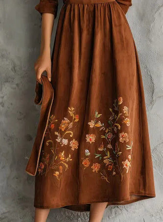 Brown midi dress with floral embroidery on polyester suede fabric, leisure style