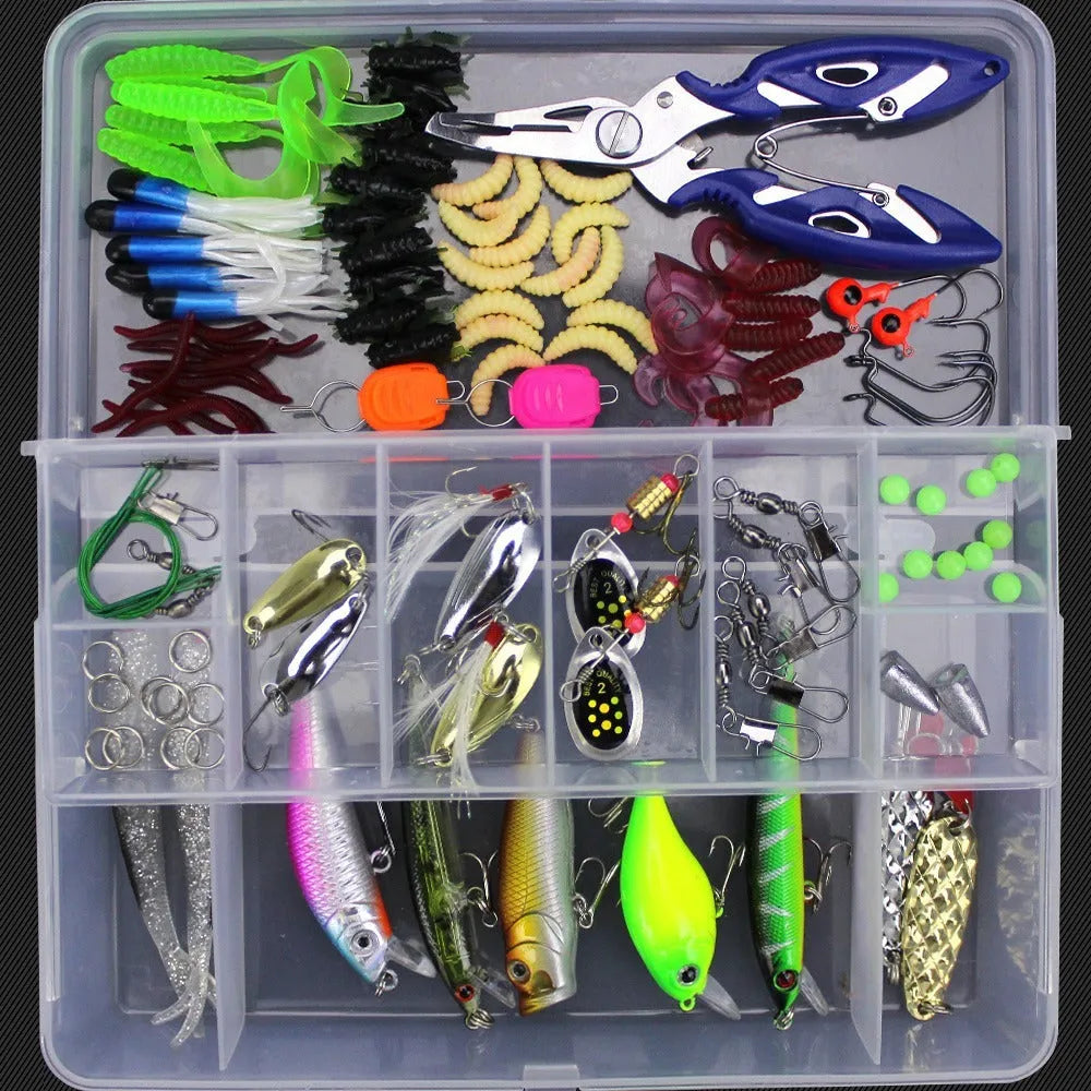 Junior fishing lure suit set in PP plastic storage box with multiple artificial baits