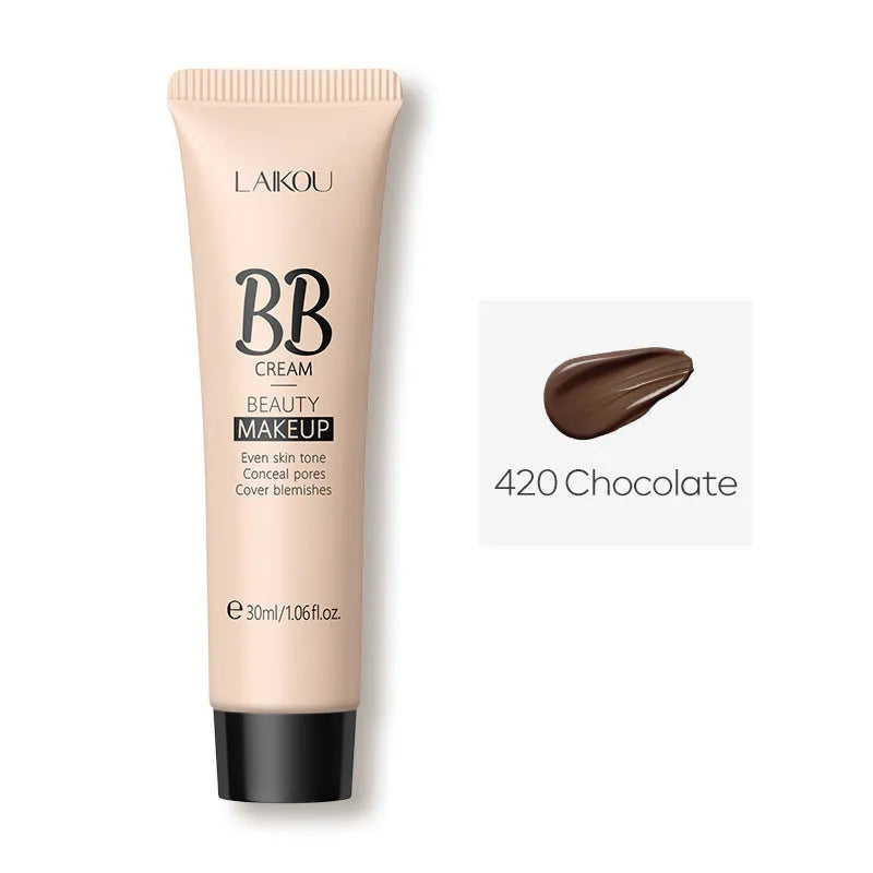 30ml tube of BB cream showing the nine available colour shades from ivory white to brown.