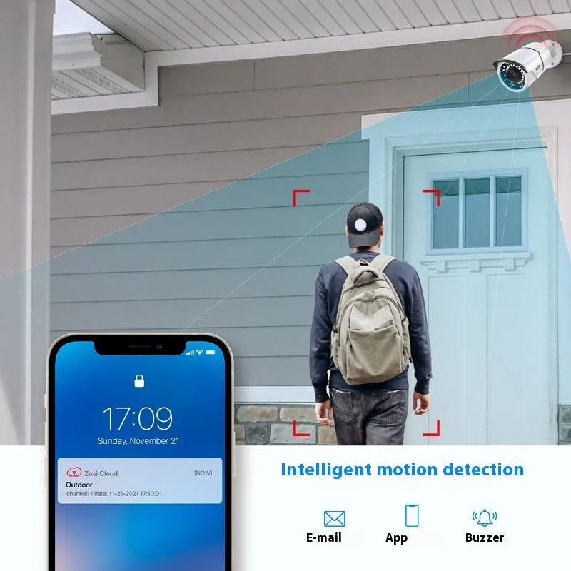 ZOSI 5MP POE security camera system with outdoor cameras and NVR recorder featuring 360-degree or fixed lens options and hard drive storage.