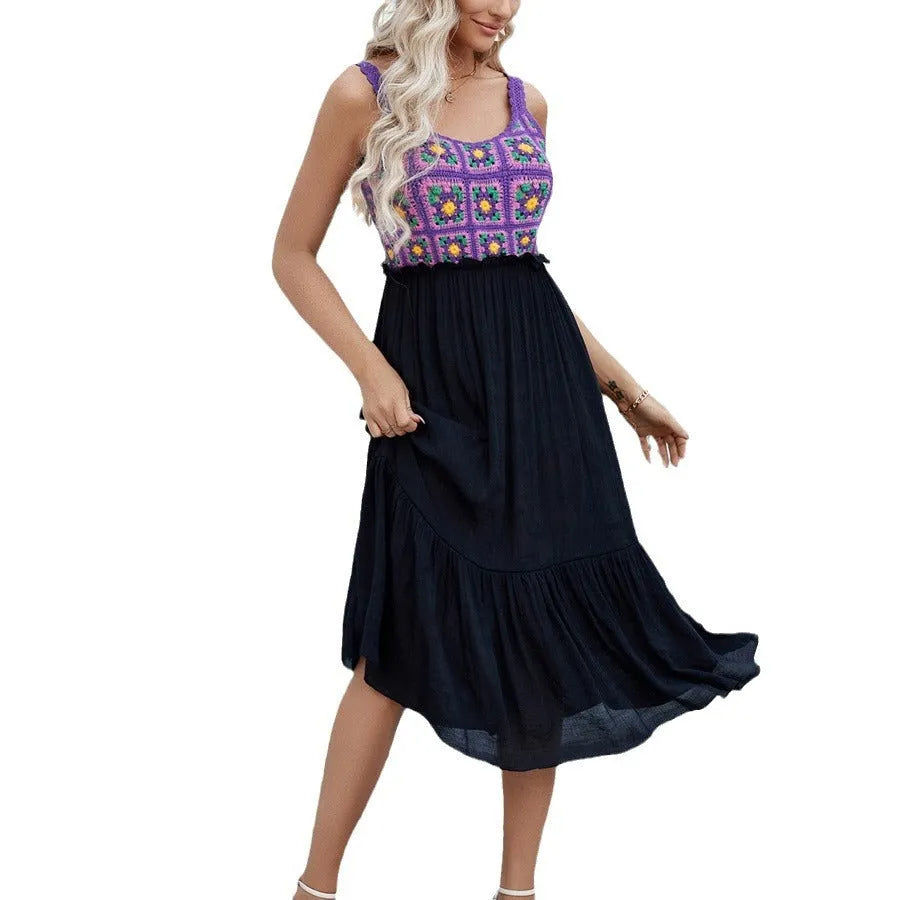 Purple sleeveless dress with hand-hooked floral stitching detail on cotton blend fabric.