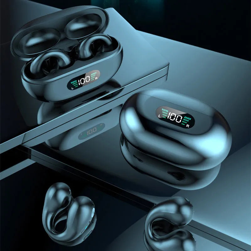 Bone conduction Bluetooth headset clip in black, white, or khaki colours with ear clip design