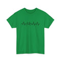 Green women's cotton short-sleeve T-shirt with a printed letter design on the front.