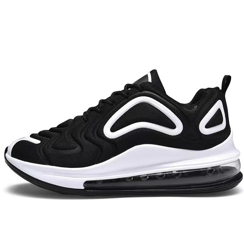 Men's black lace-up running sneakers with a thick sole and round toe design on a white background.