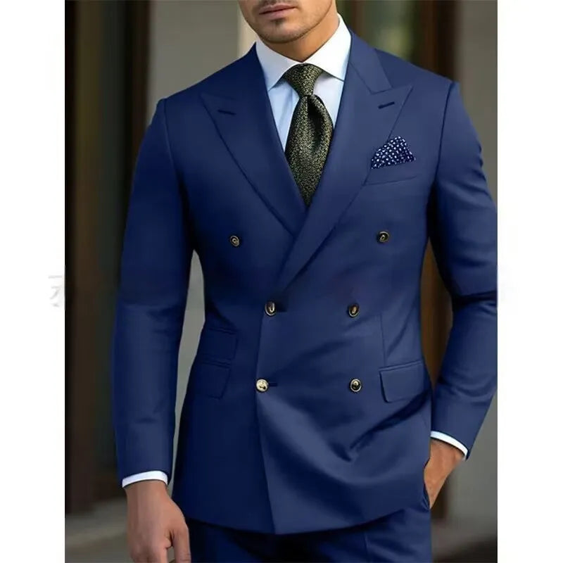 Men's light business two-piece suit in a cotton blend fabric, shown in navy blue.