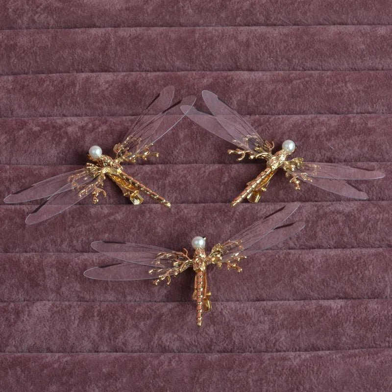 Golden dragonfly side clip headdress hair accessory with alloy construction and electroplated finish