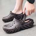 Men's beige EVA outdoor slipper sandals with hole pattern design and non-slip sole