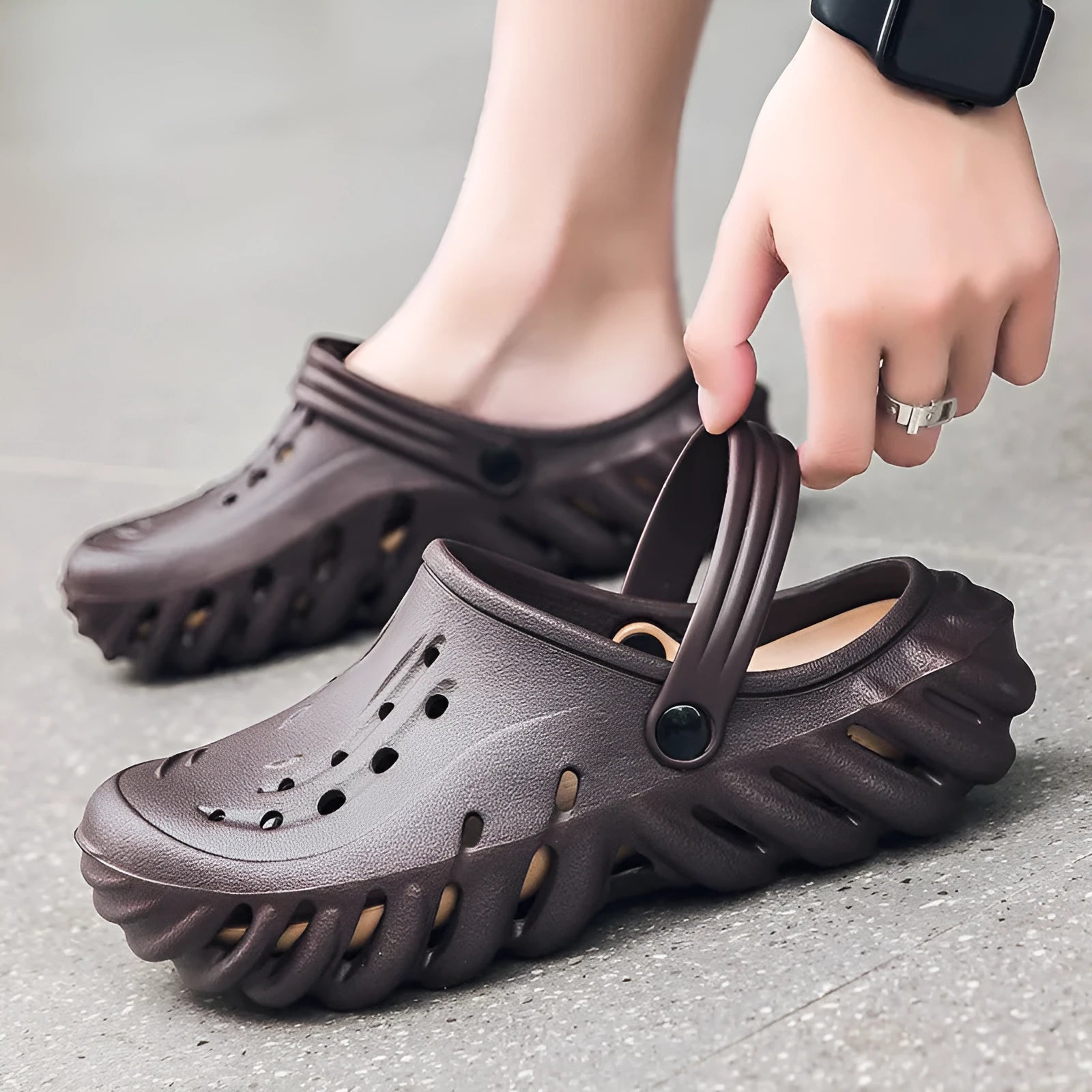 Men's beige EVA outdoor slipper sandals with hole pattern design and non-slip sole