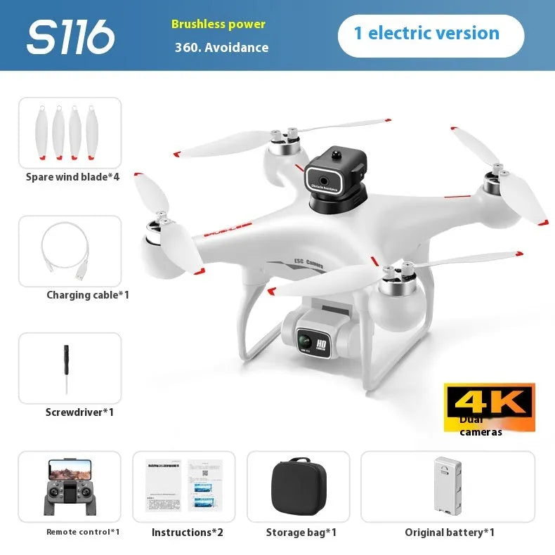 Black S116 brushless motor drone with four propellers and a camera, shown with its remote control.