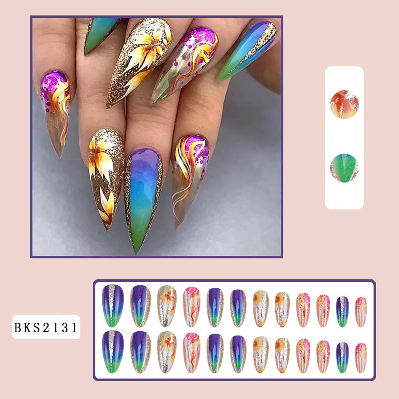 Almond-shaped European Square style nail stickers with colourful lines and rainbow patterns in four colour designs