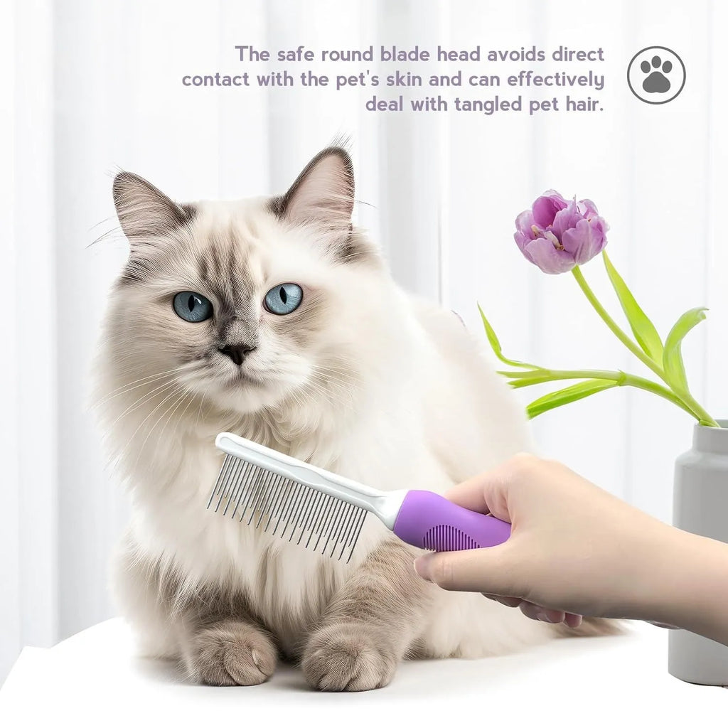 Purple pet detangling comb with stainless steel teeth and ergonomic handle.