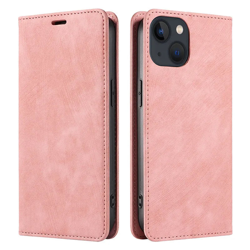 Magnetic flip phone case for iPhone in various colours showing TPU and leather construction